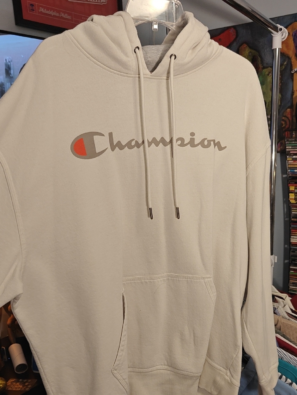Champion Off-White Hoodie with Red/Gray Logo Accent
